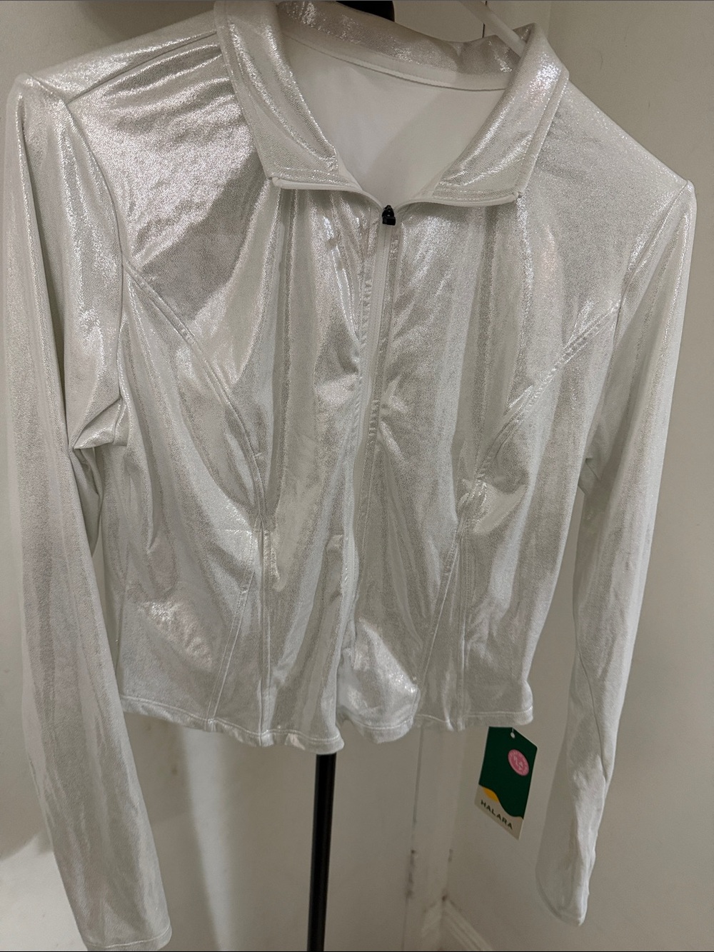 HALARA Metallic White Silver Zip-Up Bomber Jacket